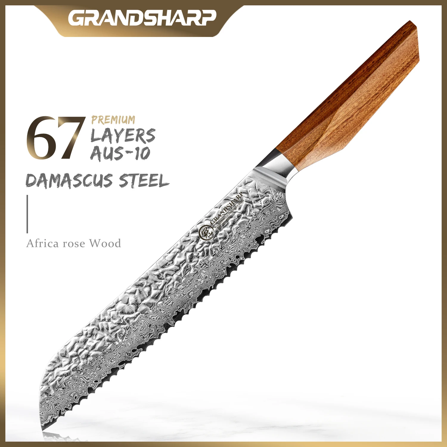 Grandsharp 8 Inch Bread Knife 67 Layers Aus-10 Core Damascus Steel Serrated Blade Rose Wood Handle 60 HRC Kitchen Tool
