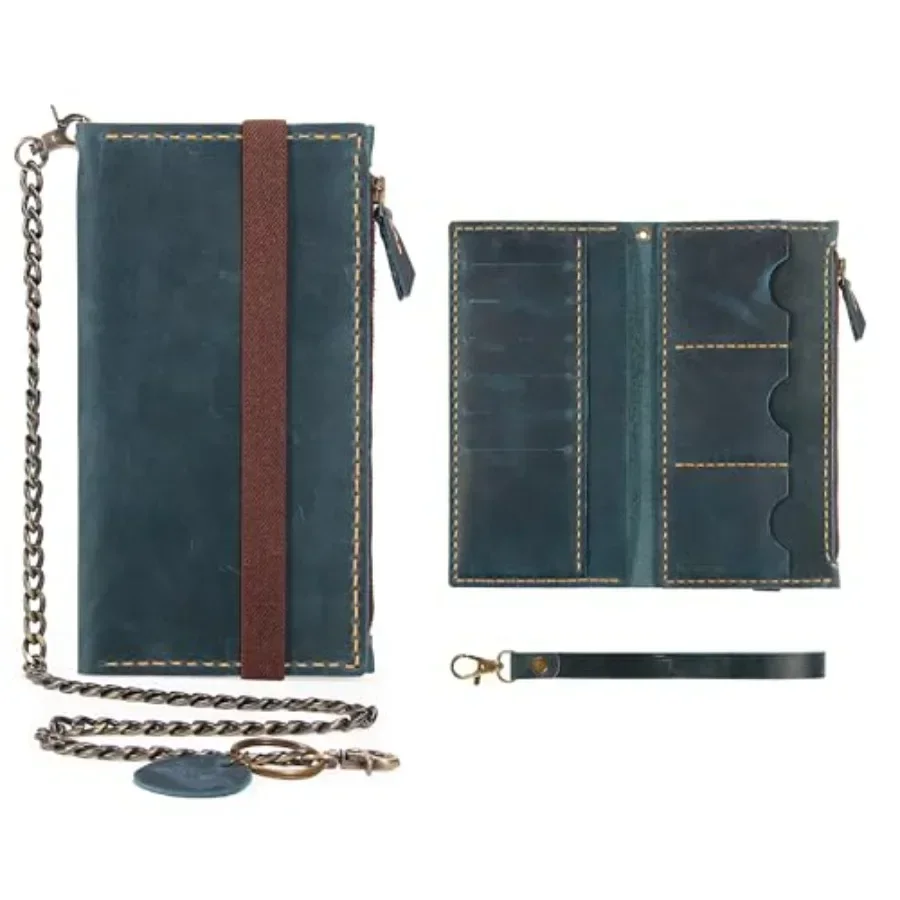 

Leather Wallet for Men and Women, Handmade Detachable Chain Wristlet Long Bifold Clutch with Large Capacity Zipper Coin Pocket,