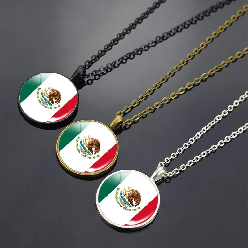 Mexico Flag Necklace Round Glass Cabochon Necklace Mexican Flag Pendant Jewelry Patriot Gift