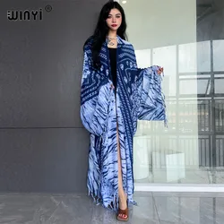 WINYI high quality summer Fringed tie-dye printed Women Cardigan Long Dress elegant Boho loose beach Swimming Cover Up Kimonos