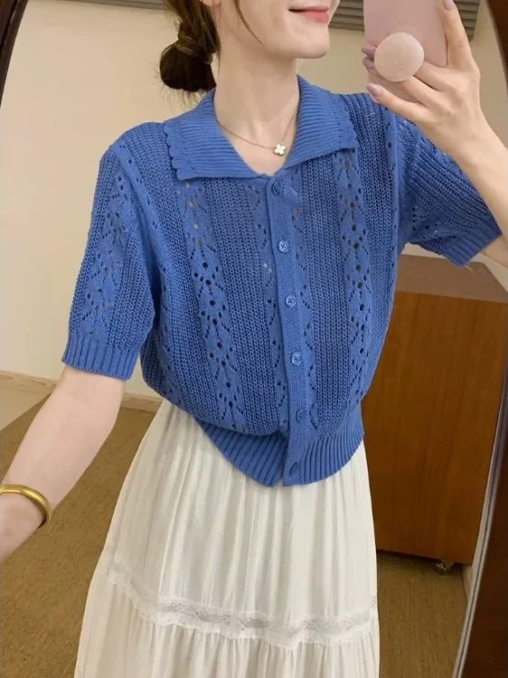 

Korean Retro Hook Flower Collar ort Sve Knitted Open Cardigan Women's Summer Thin High-End Manner T-irt Trendy