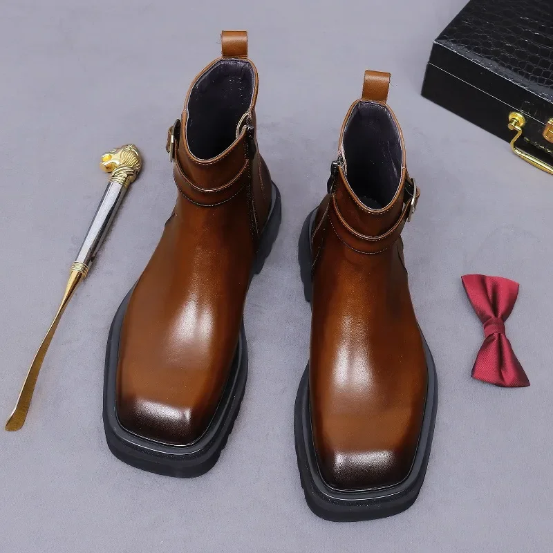 Retro Mens Ankle Oxford Boots Luxury Genuine Leather Handmade Quality Comfortable Square Toe British Style New Party Shoes Man - view 3