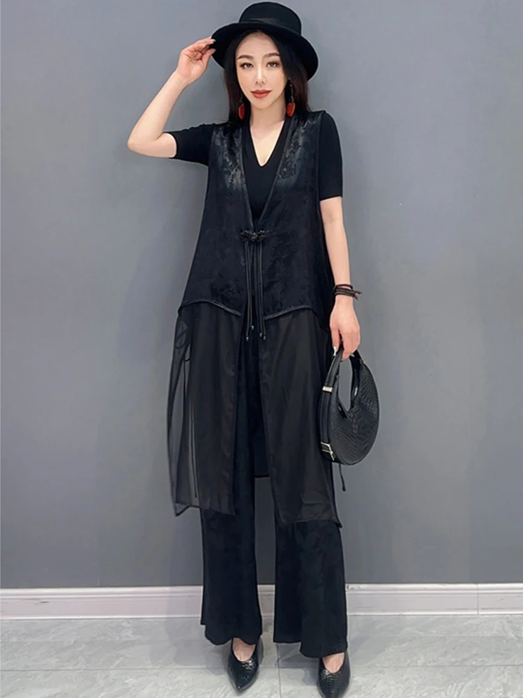 SHENGPALAE 2024 Spring Summer New Set Satin Jacquard Long Vest Wide Leg Pants Two Piece Set Chinese Elegant Fashion Women 5R9570