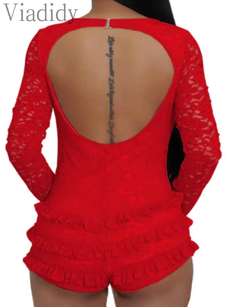 

Women's Sexy Sheer Lace Trim Decor Long Sleeve Rompers Skinny Hollow Out Backless Playsuits