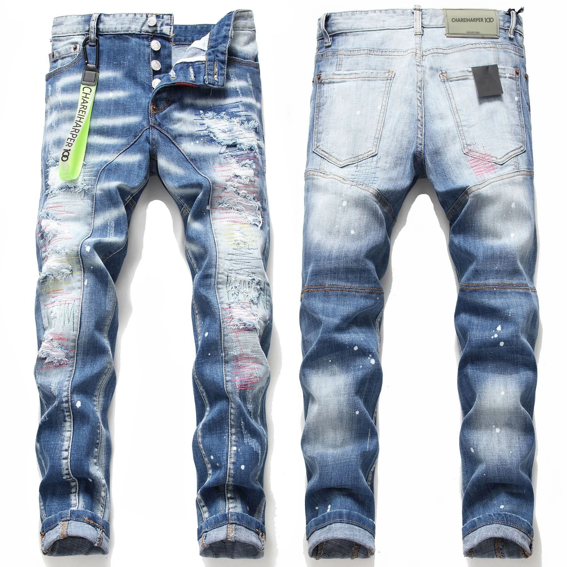 

chareiharper 100 1047 plus size Men's skinny skinny jeans ripped applique stretch blue slim waist patchwork beggar pants