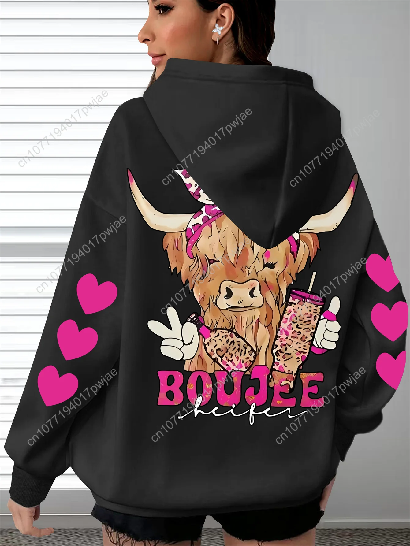 Sweat à capuche surdimensionné pour femme, grande taille, pour la Saint-Valentin, imprimé graphique de vache et de cœurs rose doux avec lettrage BOUJEE, pul polaire confortable