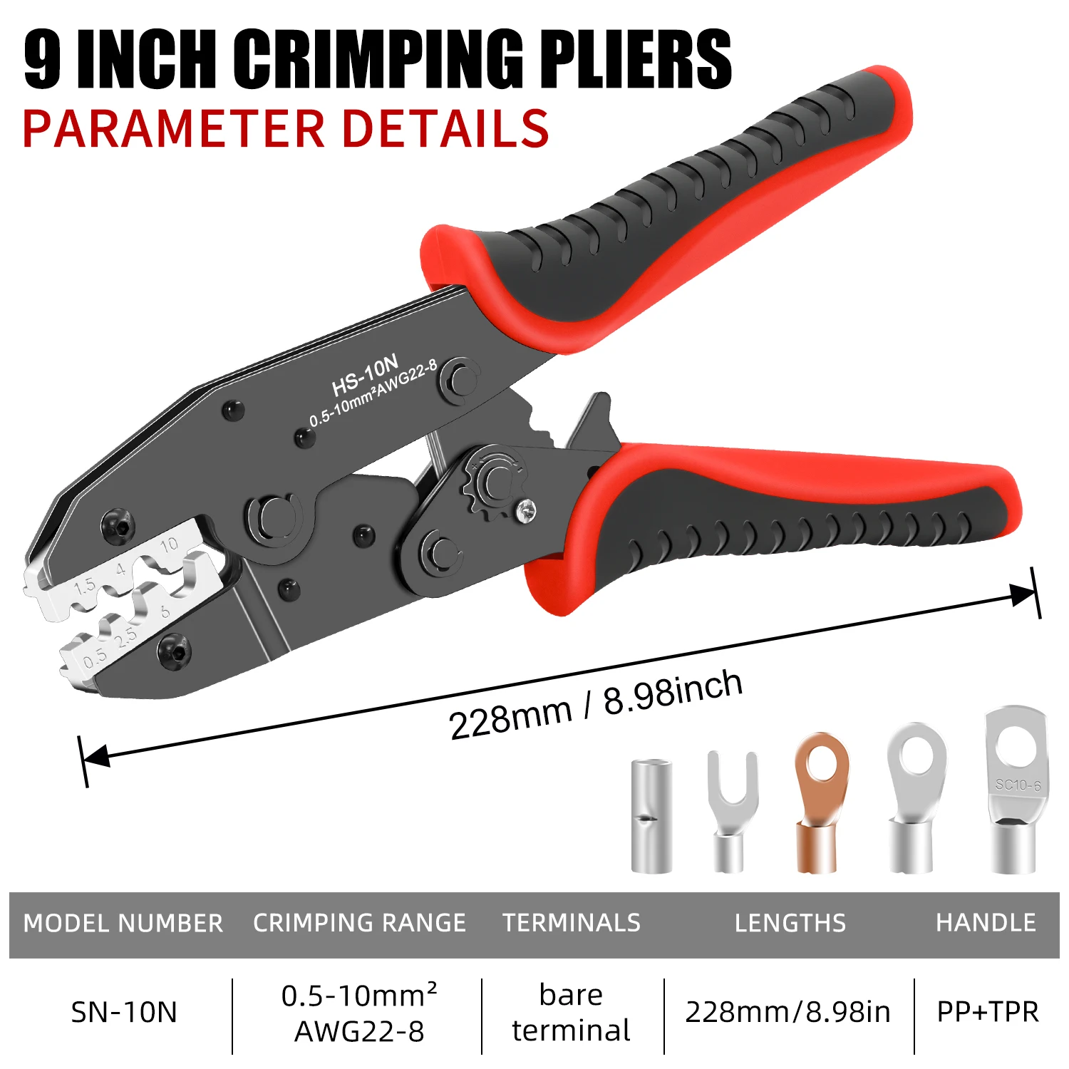 HS-10N Ratschen-Crimpzange für blanke Anschlüsse 0,5–10 mm2 AWG22–8, Handcrimper C45/SC/UT/OT, nicht isolierte Ratschen-Crimpzange – Detail 2