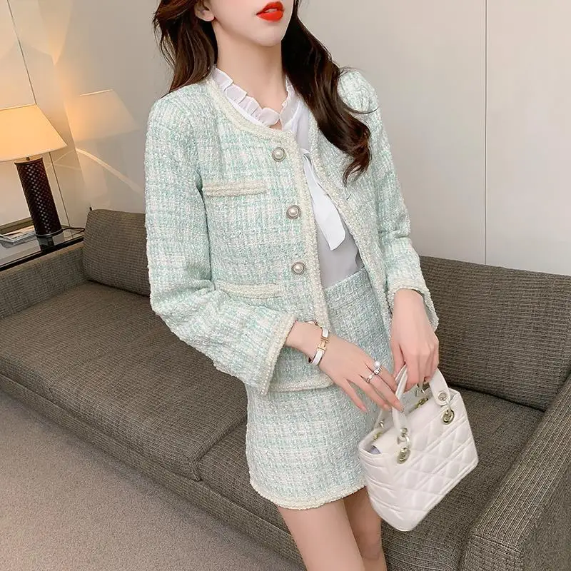 High Quality Small Fragrant Wind Two Piece Set Women Elegant Outfits Beaded Pearl Tweed Jacket Coat+Mini Skirt Suit Spring New