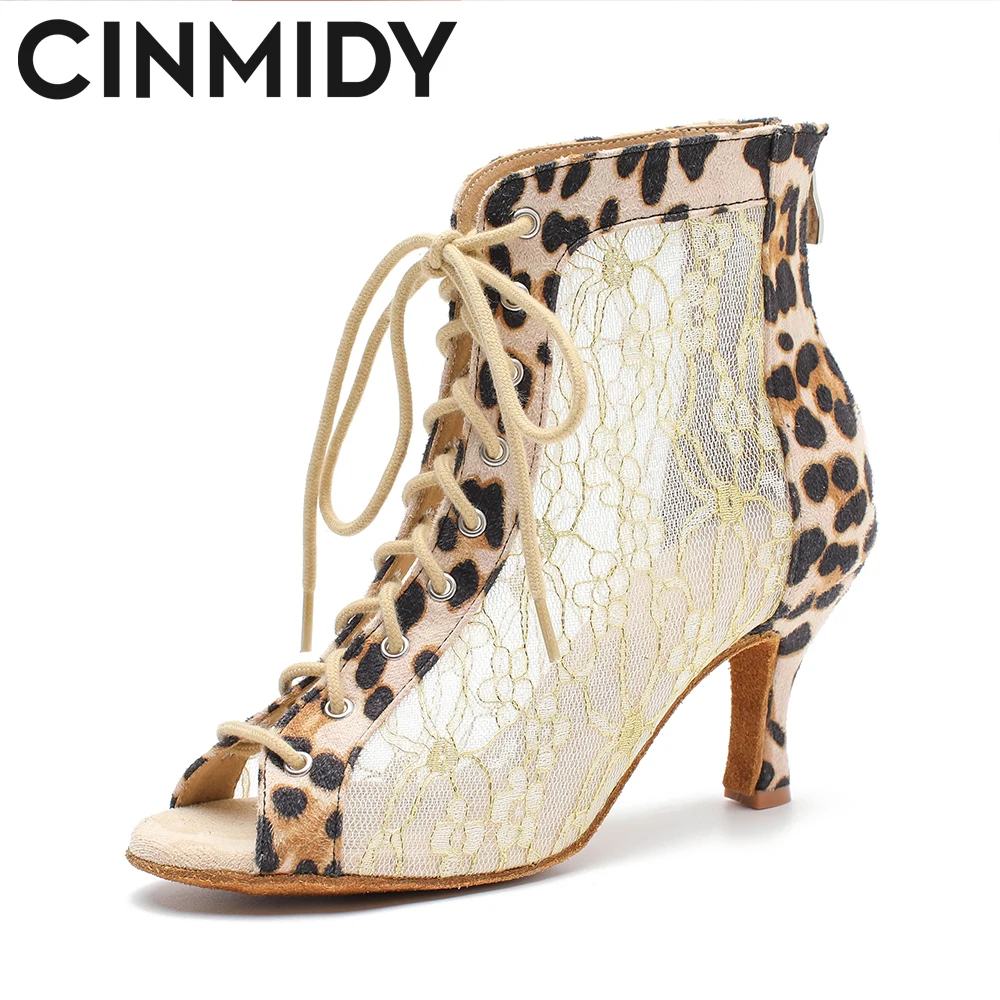 CINMIDY Women's Lace Mesh Dance Boots Red Soft Sole Salsa Tango Latin Dance Shoes leopard print Pole Dance Indoor Party Footwear