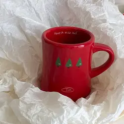 Fashion Ins Christmas Tree Graffiti Ceramic Mug Christmas Red New Year Gift Milk Coffee Cups Kawaii Tea Cup Kitchen Accessories