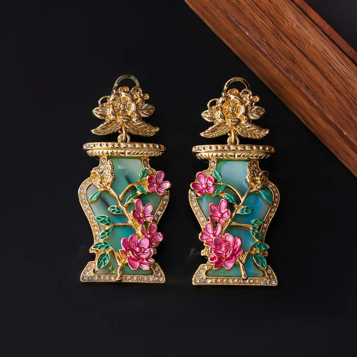 vintage antique vase earring simple enamel glazed earrings inlaid diamonds glass flower stud earrings
