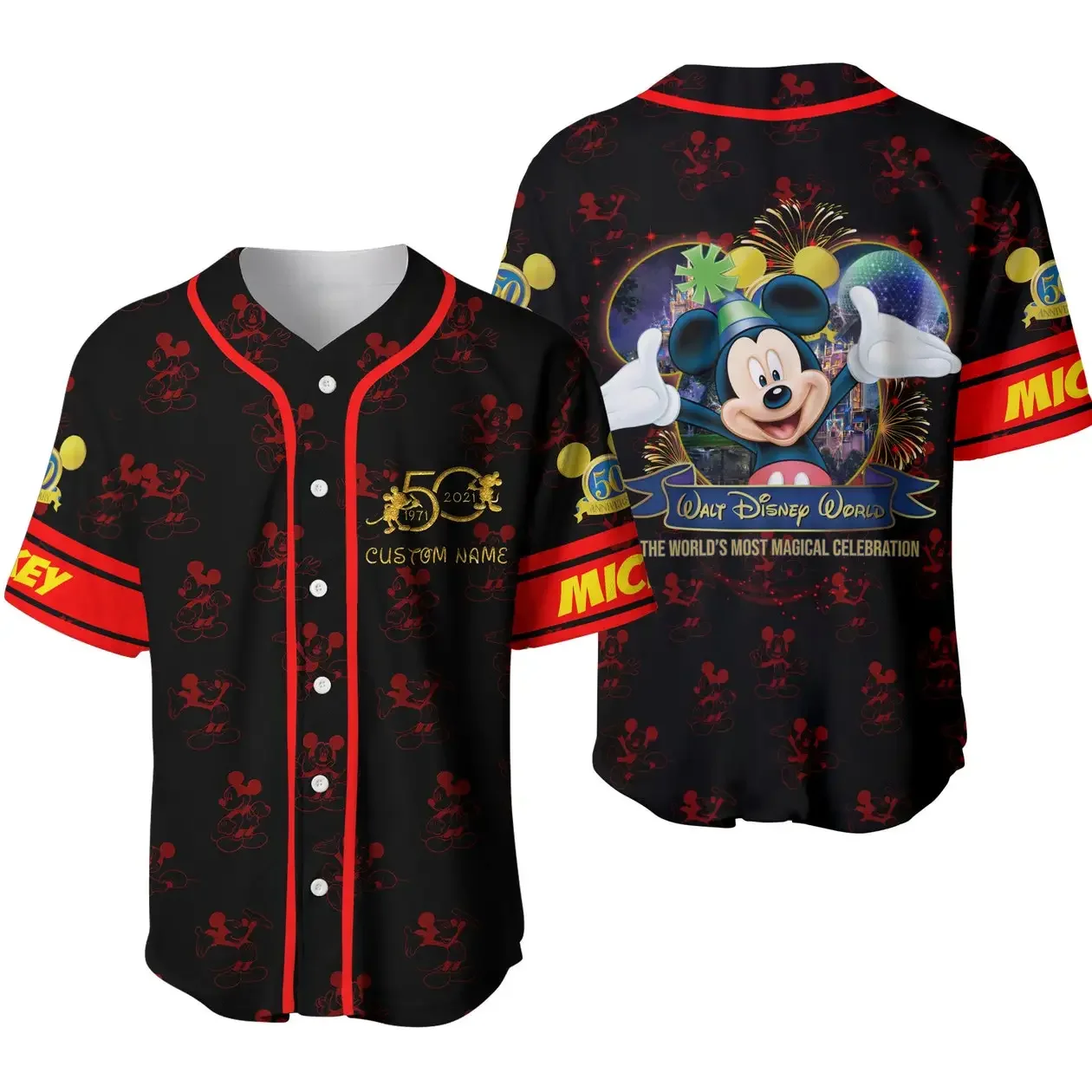 New Mickey Mouse Red Disney 50th Anniversary Baseball shirt Disneyland Magic Kingdom Rainbow Black Disney Baseball  Shirt