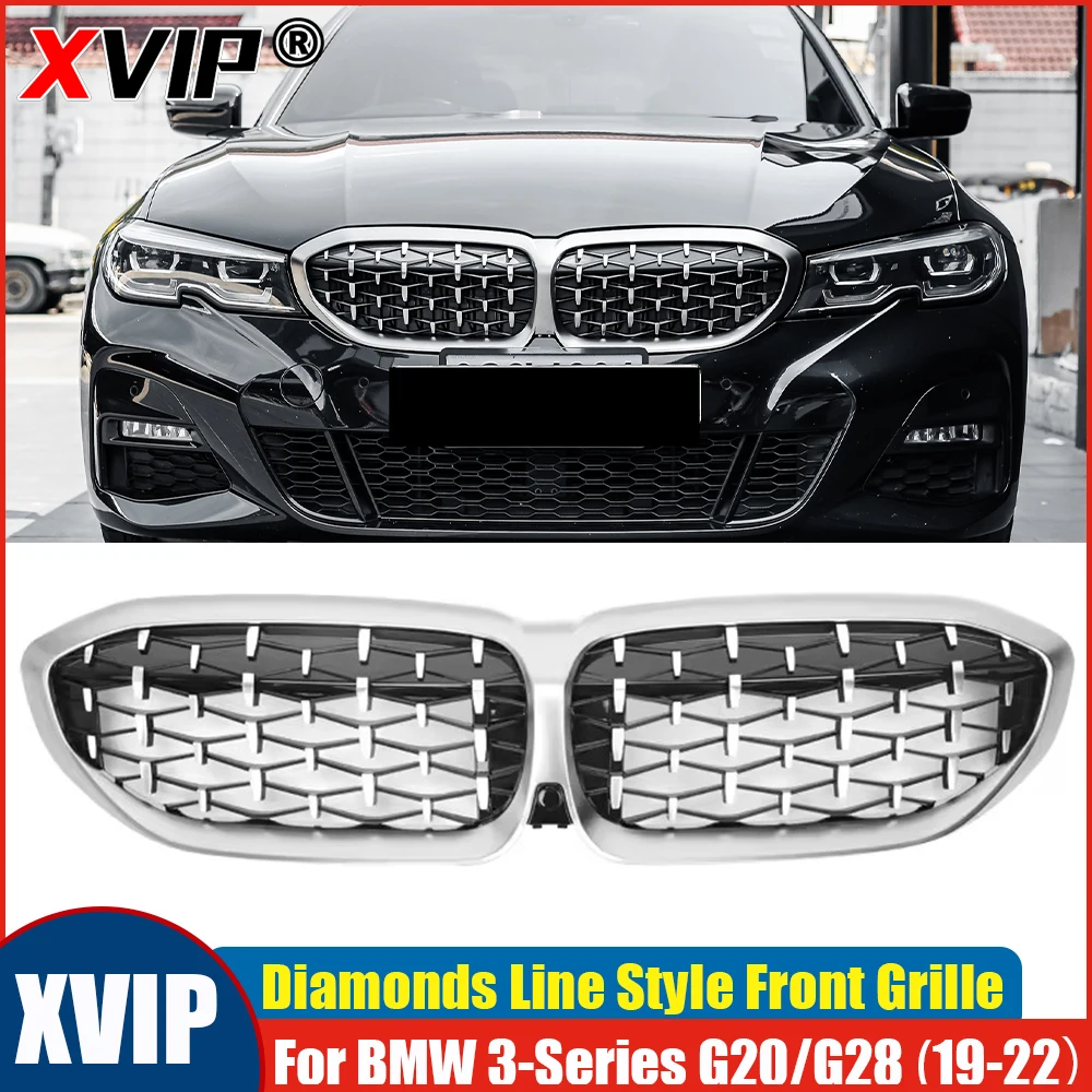 

XVIP Chrome Silver Diamonds Front Kidney Bumper Grille For BMW 3 Series G20 G28 Sedan 2019-2022 330i M340i Mesh Grille Cover