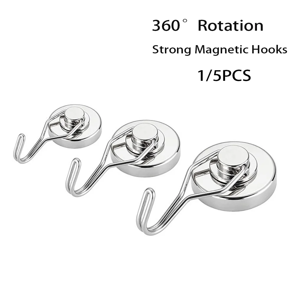 

1/5PCS Magnetic Hooks Key Hanger Home Kitchen Metal Magnet Rare Earth 360 Degree Swivel Magnet Heavy Duty Bulk Magnetic Hooks