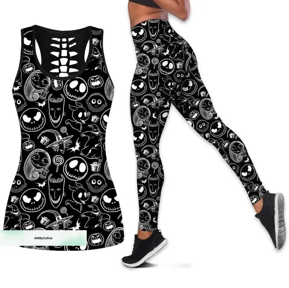 Jack Skellington Women\'s Hollow Vest + Womens Leggings Yoga Suit Fitness Leggings Sports Suit Disney Tank Top Legging Set Outfit