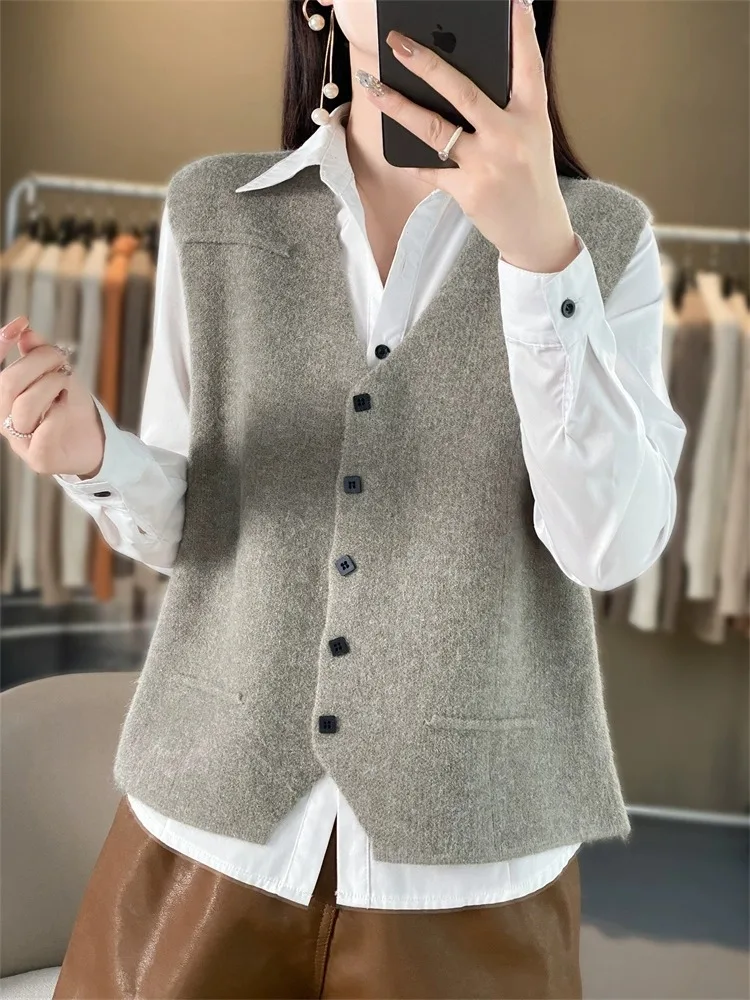 

Осень-зима женский вязаный шерстяной жилет кардиган однотонный модный верхняя одежда с v-образным вырезом на одной пуговице Другое Mater...