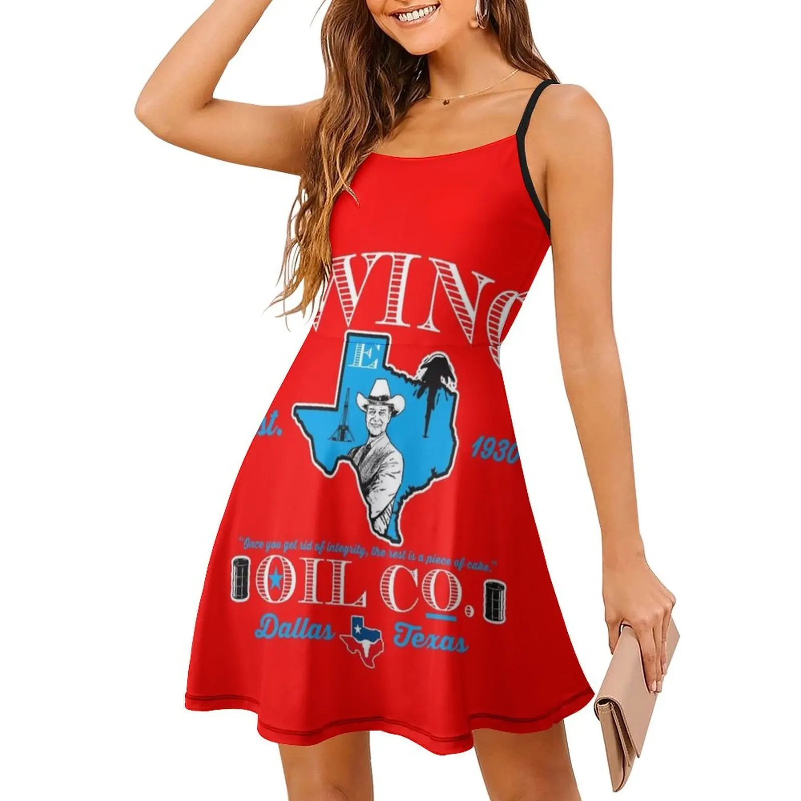 فستان قصير من شركة Ewing Oil Co. Dks Preppy Style للنساء على شكل حرف a فضفاض مناسب فستان يوم غير رسمي Jr Ewing Dallas Texas Dallas Tv Show #3