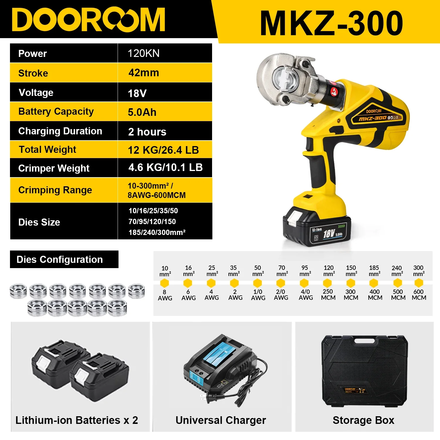 Customization Hydraulic Crimper MKZ-300 Electric Battery Hydraulic Cable Lug Crimping Tools with Universal Charger