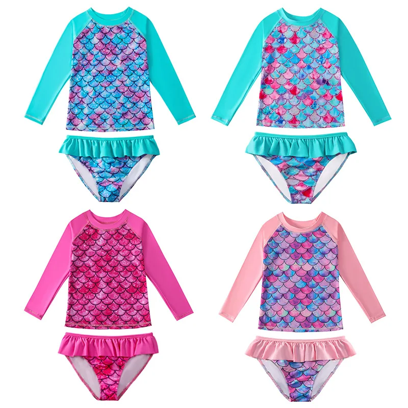 Kids Girls Swimwear Beachwear Long Sleeves Two-piece Mermaid Fish Scale Printed Leotard Swimsuit Children Swimming Bathing Suit