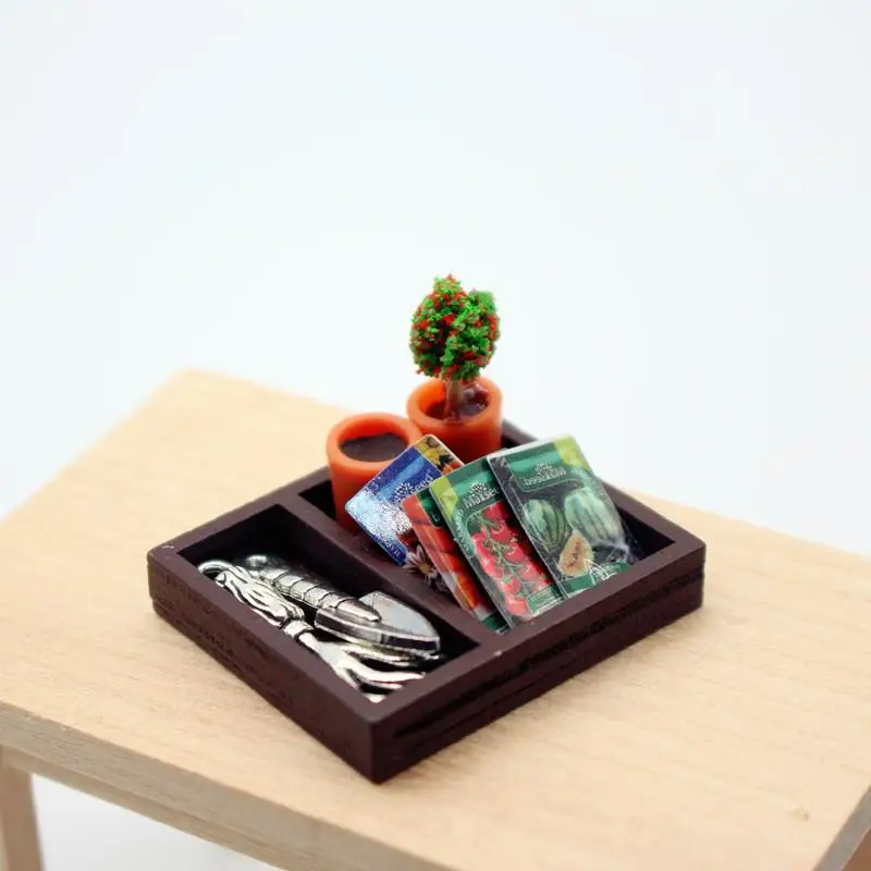 Mini modelo de casa de muñecas, caja de madera combinada de semillas, caja de madera para jardinería, accesorios de escena de jardín, pala, semillas de plantas en maceta