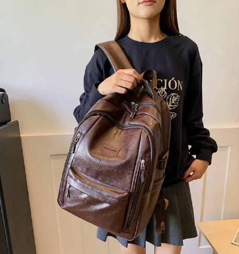 New Fashion Men Women's Soft Leather Backpacks High Capacity Double Zipper Shoulder Bags Notebook Shool Bag Travel Backpack