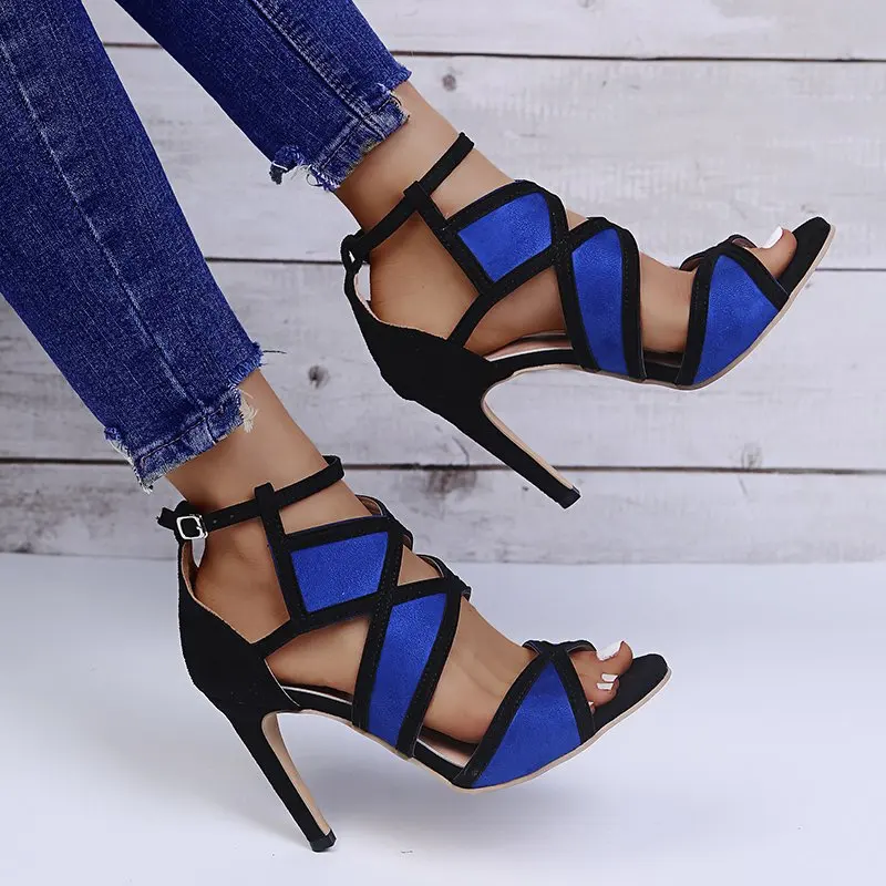 Design Women Fashion Peep Toe Patchwork Colors Thin Heel Sandals Pink Blue Strap Cross High Heel Sandals Dress Women Sandals