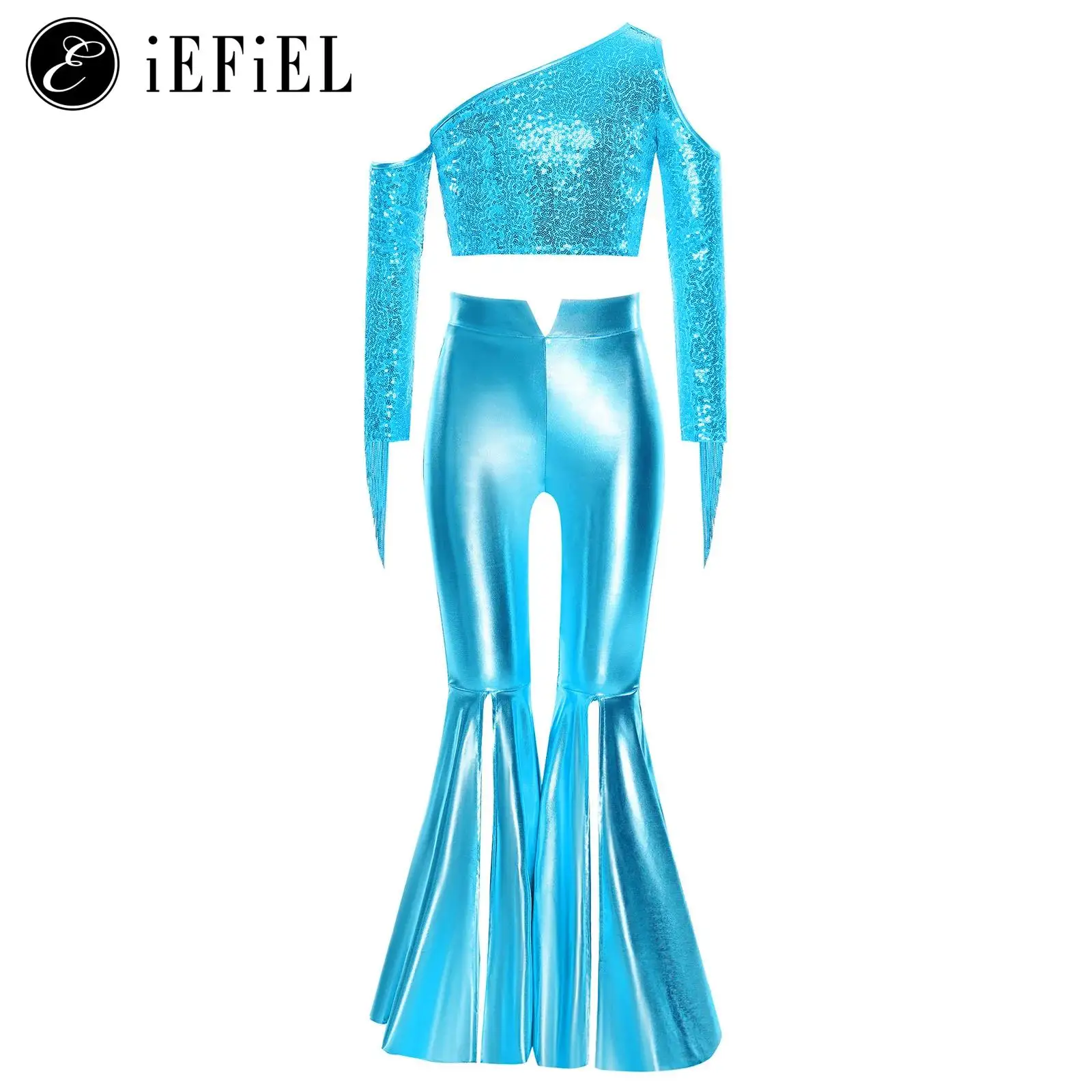 

Girls Metallic 70s Hippie Costume Disco Jazz Dance Outfit One Shoulder Tassel Sequin Tank Crop Top with Split Bell-Bottom Pants