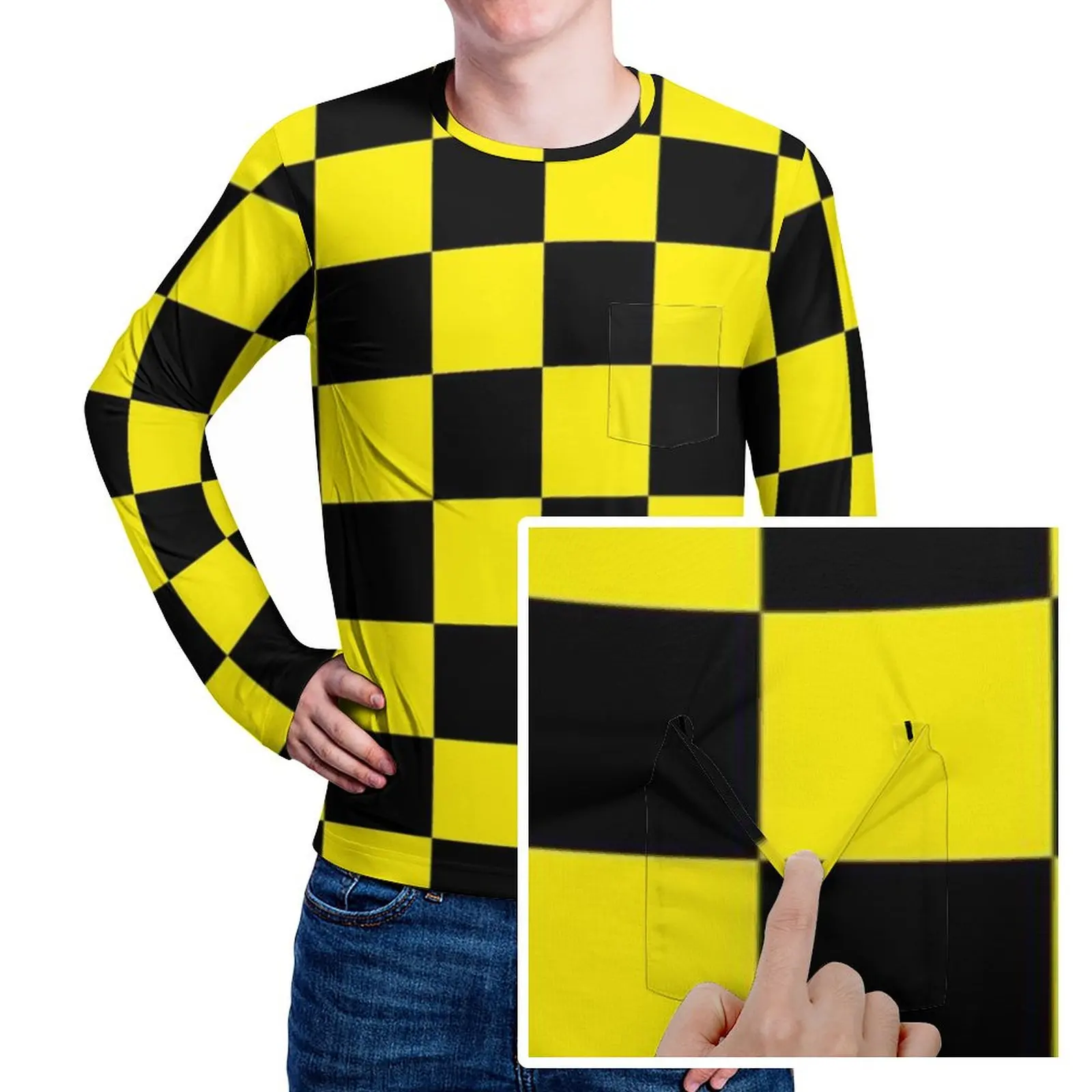 Two Tone Black And Yellow T-Shirt Men Mod Checkers Funny T Shirts Spring Trending Tee Shirt Long Sleeve Pattern Big Size Tops