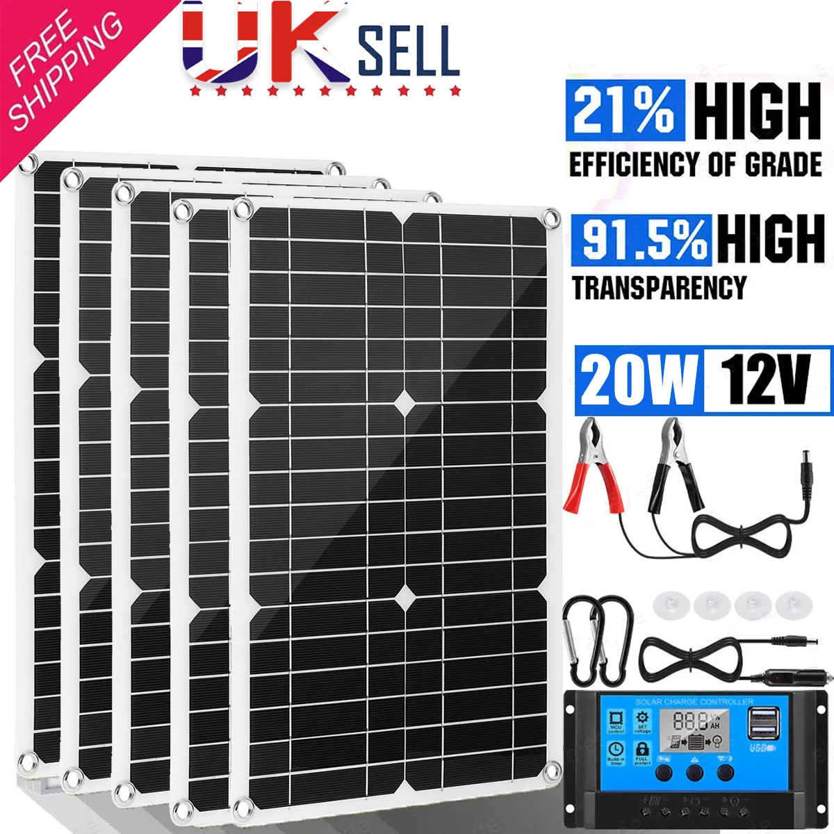 1/2/3/4/5 PCS 20W Solar Panel 12V Solar Cell 100A Controller Solar Panel for Phone RV Car Charger Outdoor Camping Battery Supply