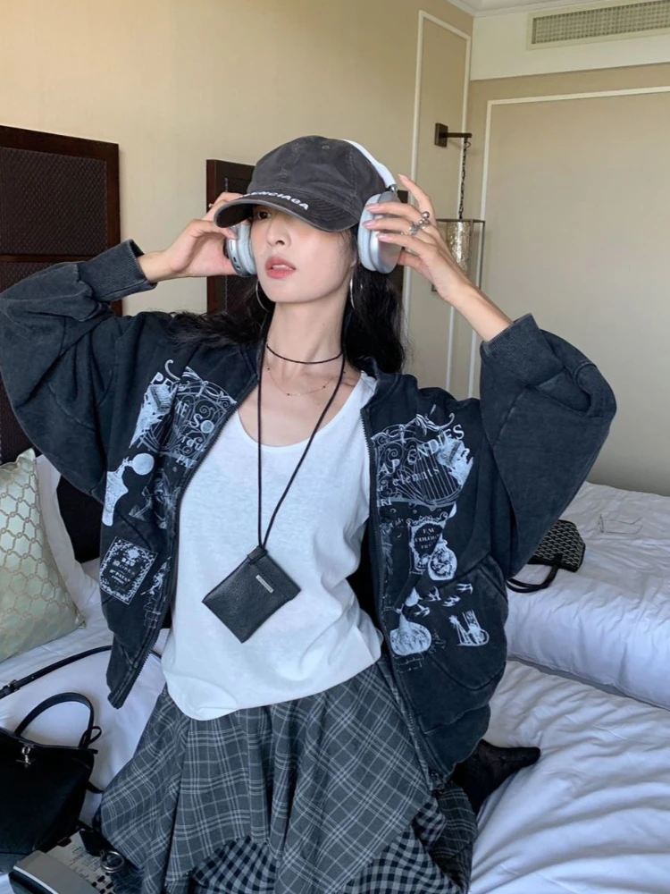 2025 American Retro Print Cartoon Sweatshirt Women Zip Up Long Sleeve Jackets Coats Casual Hooded Sweatshirt Y2K Streetwear Tops