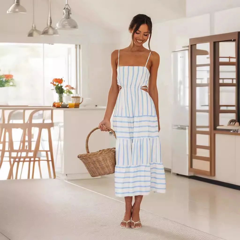 فستان صيفي طويل Strapl Dr للنساء متوسط الخصر على شكل حرف a من نسيج البوليستر الناعم بدون Sve قطعة واحدة ملفوفة Dr Commute Sle