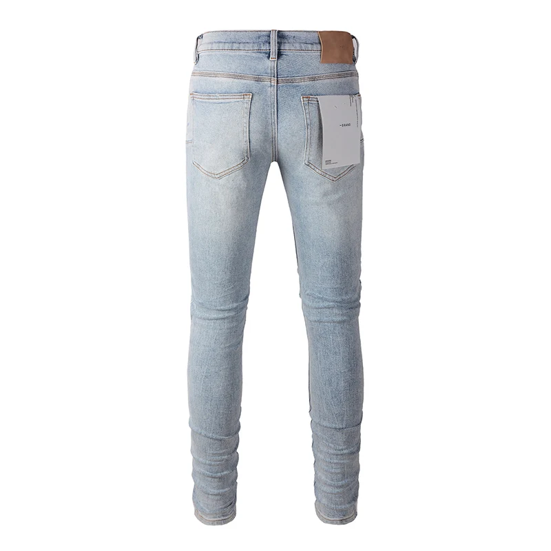 Herren klassische blaue amerikanische Streetwear Distressed Skinny Button Fly zerstörte Löcher zerrissene Jeans Hosen