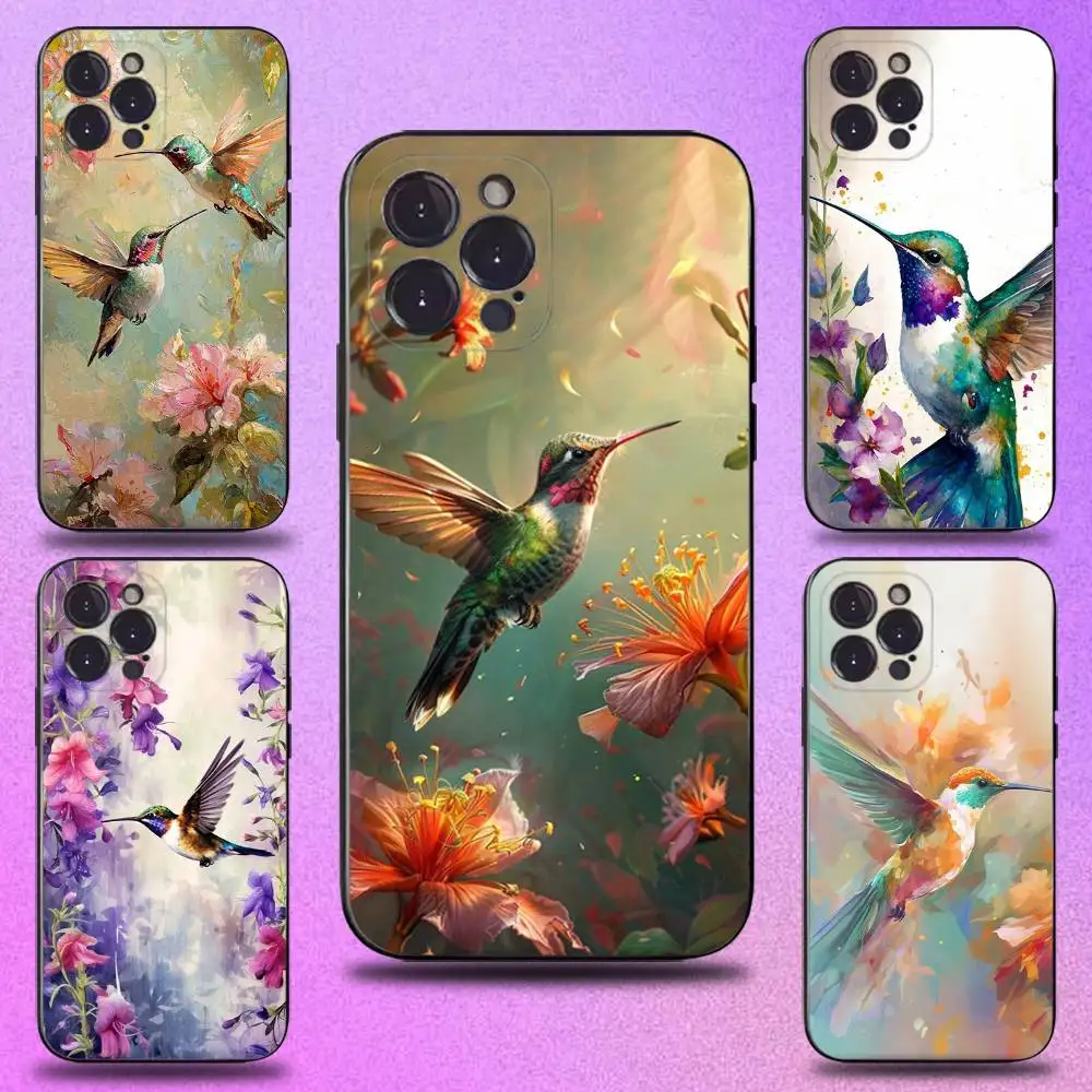 

Hummingbird and Flowers Phone Case For iPhone 17,16,15,14,13,12,11 Plus,Pro Max,XS,X,XR,SE,Mini,8,7,Soft Silicone Black Cover