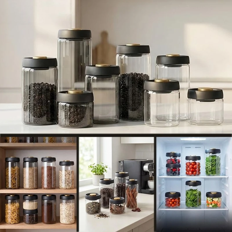 

Vacuum-locked Glass Coffee Bean Storage Jar Airtight Food Preservation Canister for Home Kitchen Tidying 500/900/1200ml Sizes