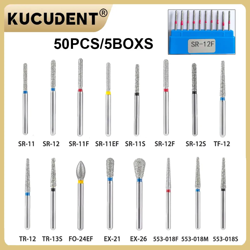 Kucuduent 50 peças kit de brocas de diamante dental fg haste de 1.6mm para peça de mão de alta velocidade clareamento dos dentes ferramentas de polimento e corte