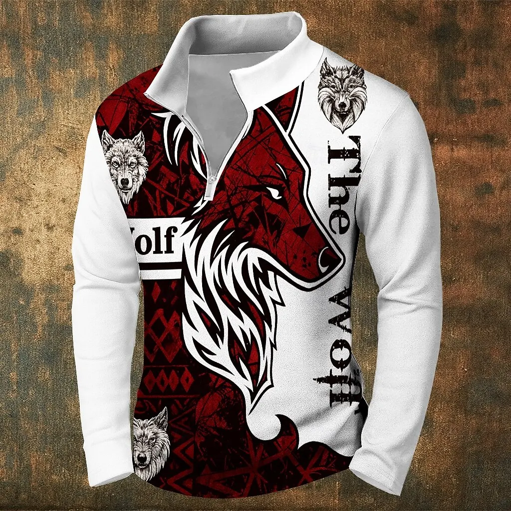 

Vintage Wolf Graphic Men's Zipper Sweatshirts 3D Print Simple Design Long Sleeve Half Zip Pullover Loose Casual Comfortable Tops