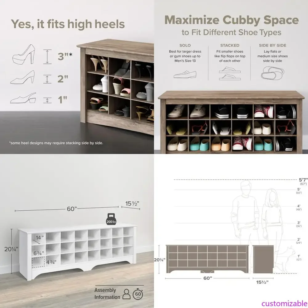 

Белая скамья-обувница White Hall на 24 отделения для прихожей, глубина 15,5 дюймов, ширина 60 дюймов