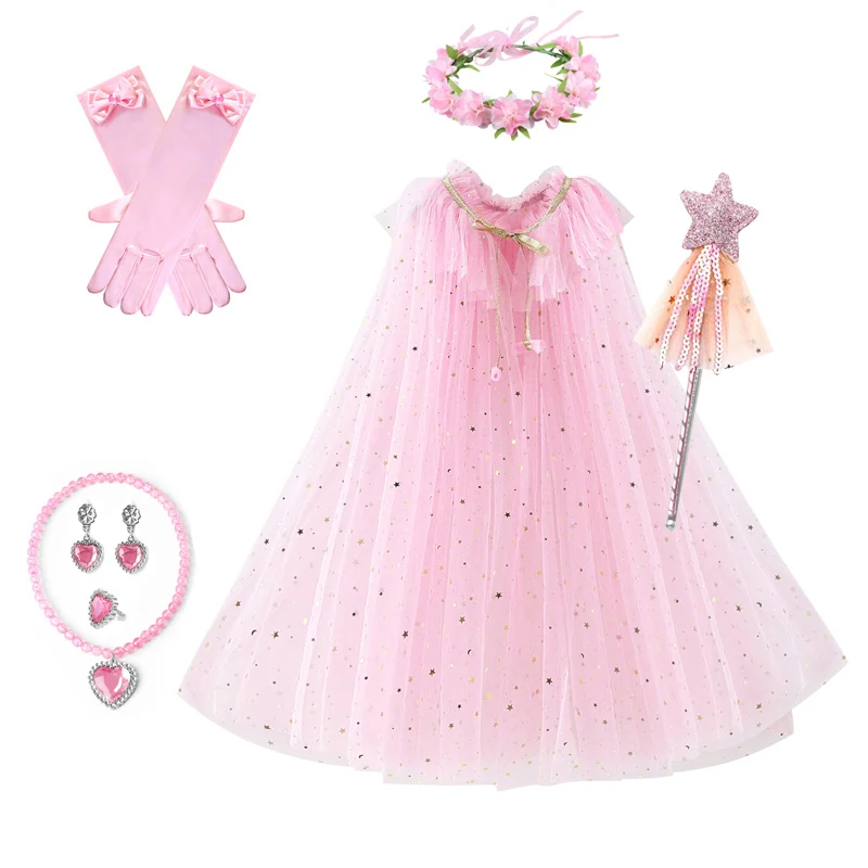 Christmas Girl Sequin Bow Cloak Princess Dress Cape Accessories Headwear Necklace Glove Set Cosplay Mantle