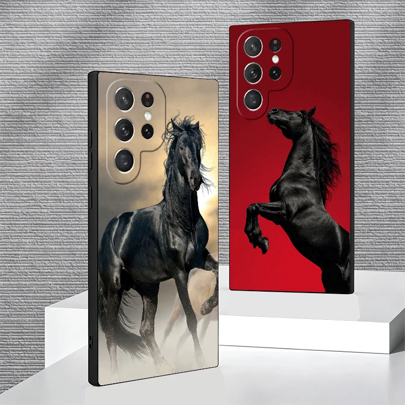 Soft Phone Case For Samsung Galaxy S24 S25 S26 Ultra Black Horse Galloping S23 S22 Plus S21 FE S20 + Edge Black Cover Shell