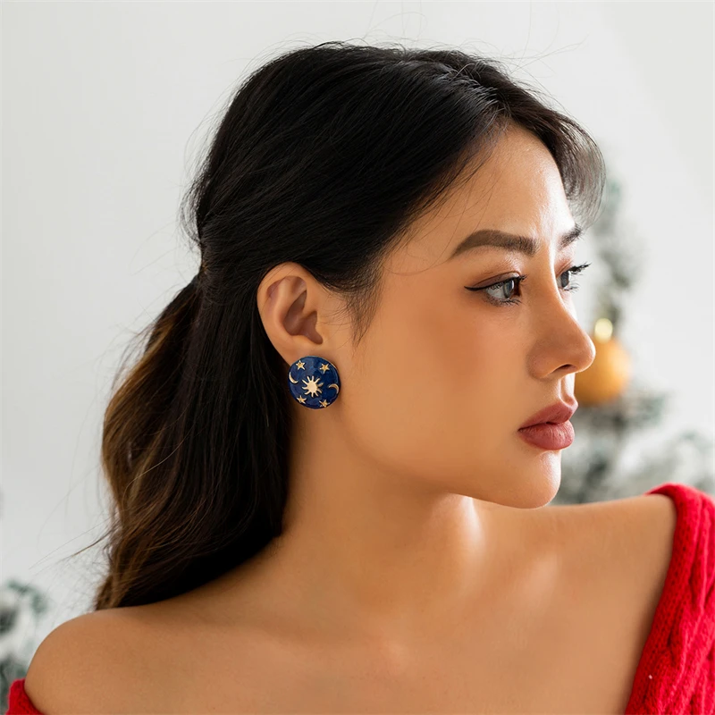 HUANZHI 2023 جديد خمر موضة المينا ستار القمر سحر المعادن الهندسة قرط الاذن المرصع للنساء بنات هدايا مجوهرات الحفلات