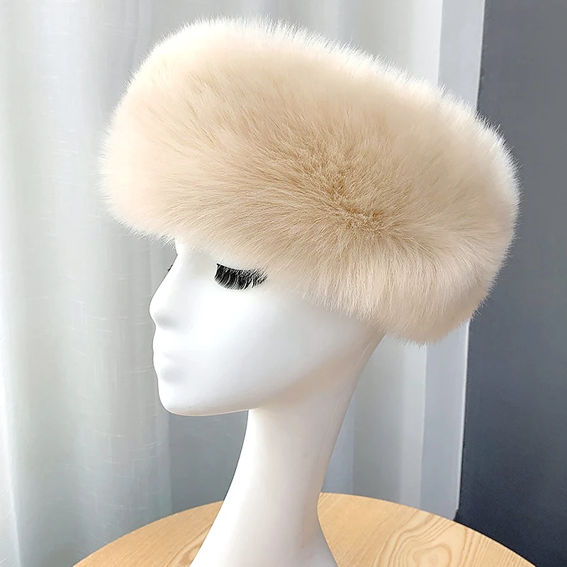 Plush Fur Hairband Winter Thick Fluffy Headband for Women Men Russian Furry Earmuffs Elastic Turban Wide Headwear Ski Hats