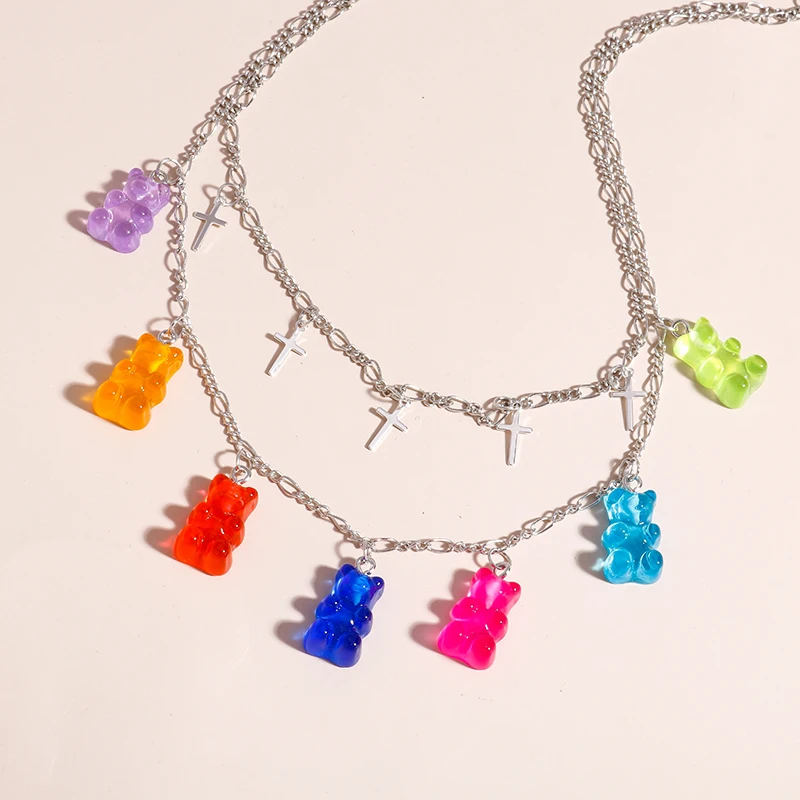 Aihua Candy Farbe Kreuz Gummy Mini Bär Kette Halsketten für Frauen Niedlichen Cartoon Tier Bär Anhänger Schmuck Femme Bijoux Kragen – Detail 6