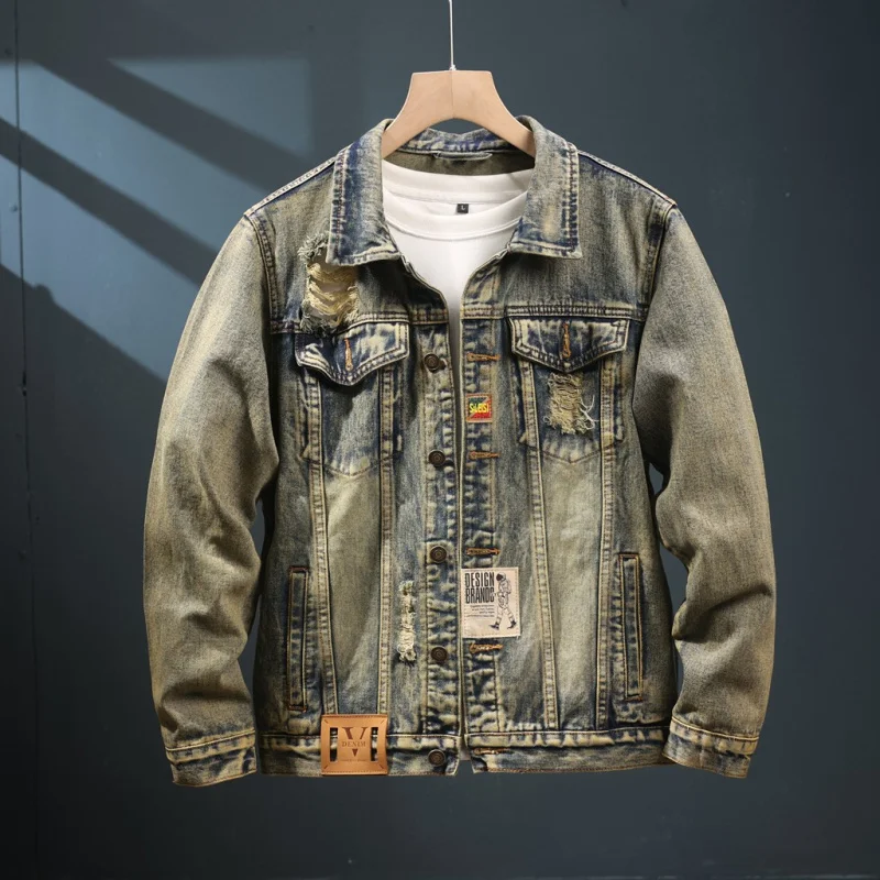 

Ripped High Street Denim Coat Men's Retro Yellow Mud Color Worn Looking Washed-out American Style Trend Casual Motorcycle Jacket