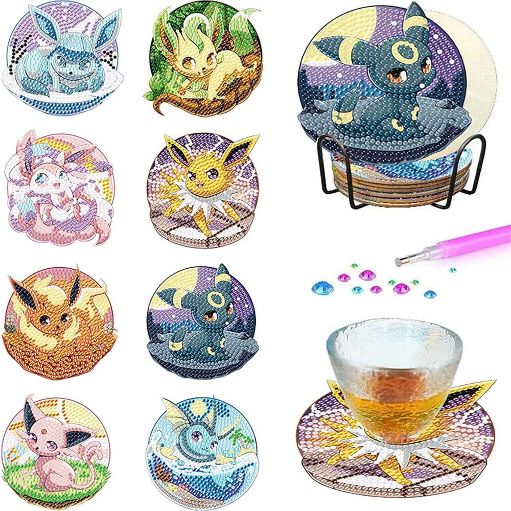 

8 DIY Crystal Glitter Diamond Painting Wooden Art Coasters with Stands Featuring Pikachu Diamond Art