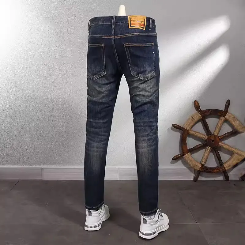 European Fashion Men Jeans High Quality Retro Washed Blue Elastic Slim Fit Vintage Jeans Men Casual Designer Denim Pants Hombre
