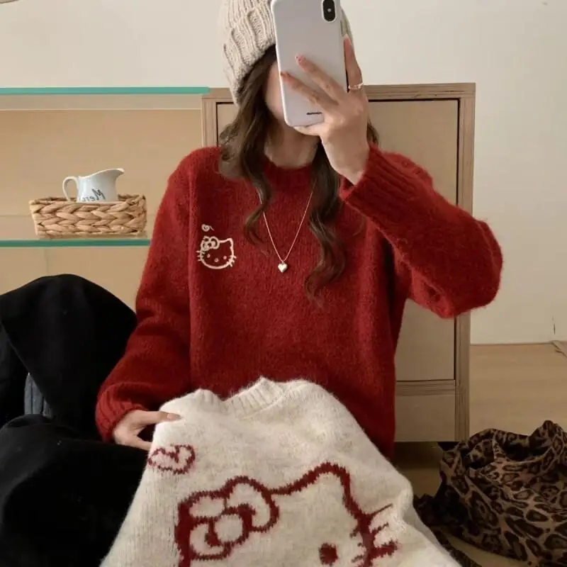 

Sanrio Sweet Hello Kitty Korean Style Sweater Jacquard Knit for Women Spring Autumn Wear Retro Cartoon Round Neck Loose New