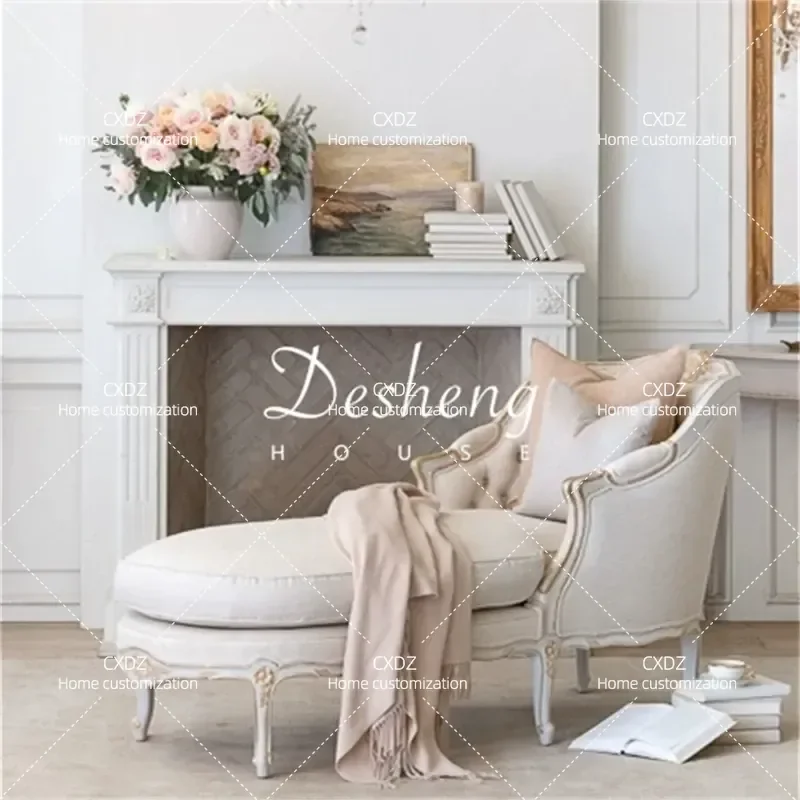 Retro Solid Wood Carved Fabric Recliner Single Chair for Living Room European Style Soft Cushion Armchair