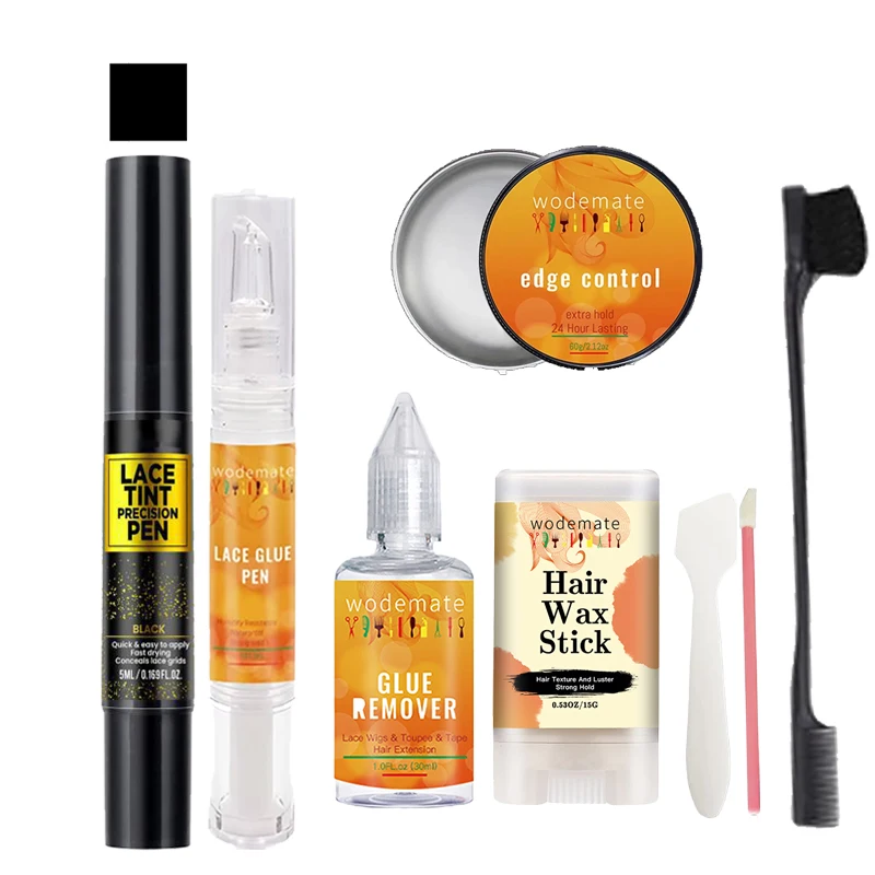 Penna di precisione per tinta pizzo da 5 ml Colla per pizzo per parrucca da 5 ml Dispositivo di rimozione per parrucca da 30 ml Controllo del bordo da 20 g Bastone di cera per capelli da 15 g Kit da viaggio Facile da trasportare