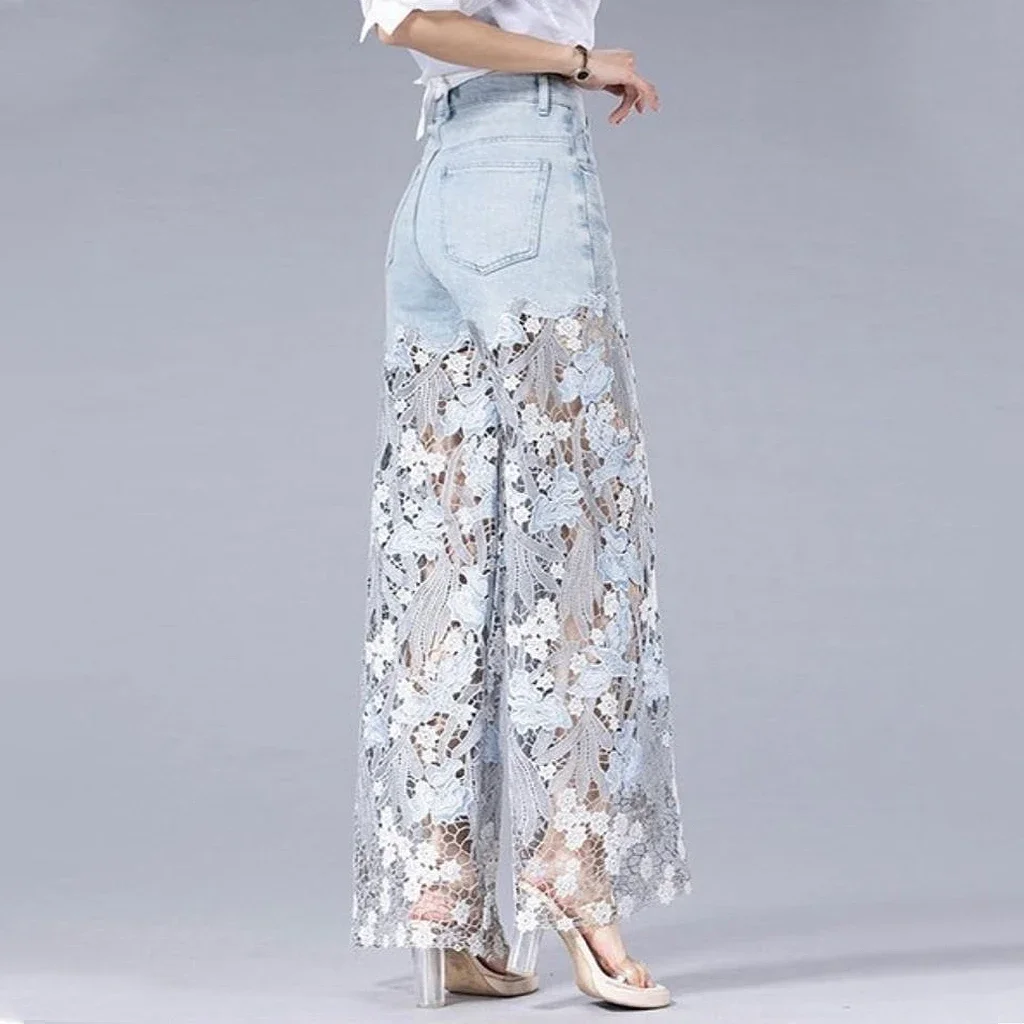

Fashion Jeans for Women Solid Loose Spliced Hollow Out High Waist Patchwork Applique Wide Leg Pants Female Clothing