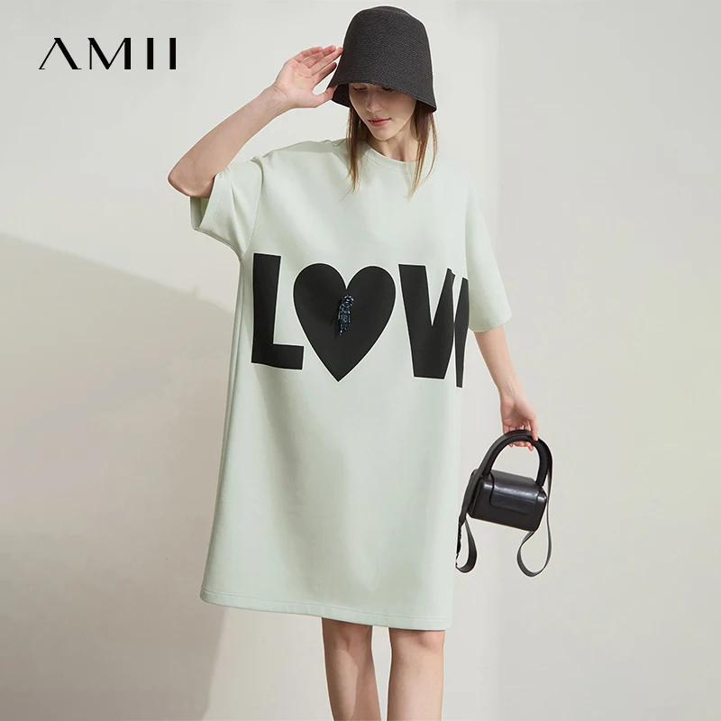 Amii Minimalist Knitted Dress For Women 2025 Summer New Round Neck Short Sleeve Loose Elastic Mid-long Printed Dress 12512014